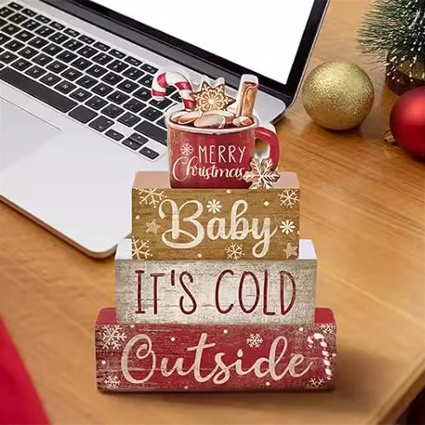 Rustic Christmas Tiered Tray Decor Set with Wooden Festive Text Blocks and Stacked Ornaments for Holiday Home Décor and Parties