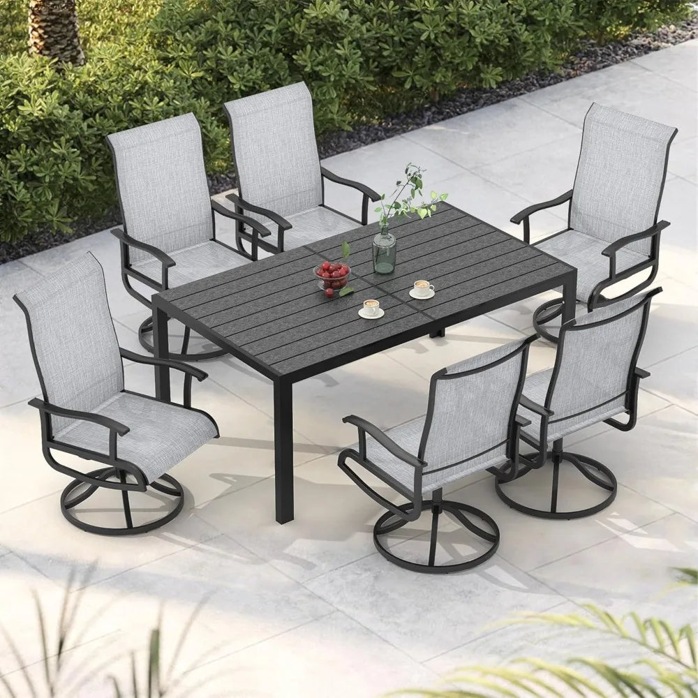 7-Piece Outdoor Patio Dining Set with 6 Swivel Patio Chairs and 59"x 35" Rectangular Dining Table, All Weather Patio Dining