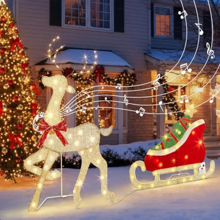 EAMBRITE Christmas Decorations Outdoor 42 Inch Christmas Reindeer Sled with 117 Warm White Lights Motion Sensor 2D Music Lighte