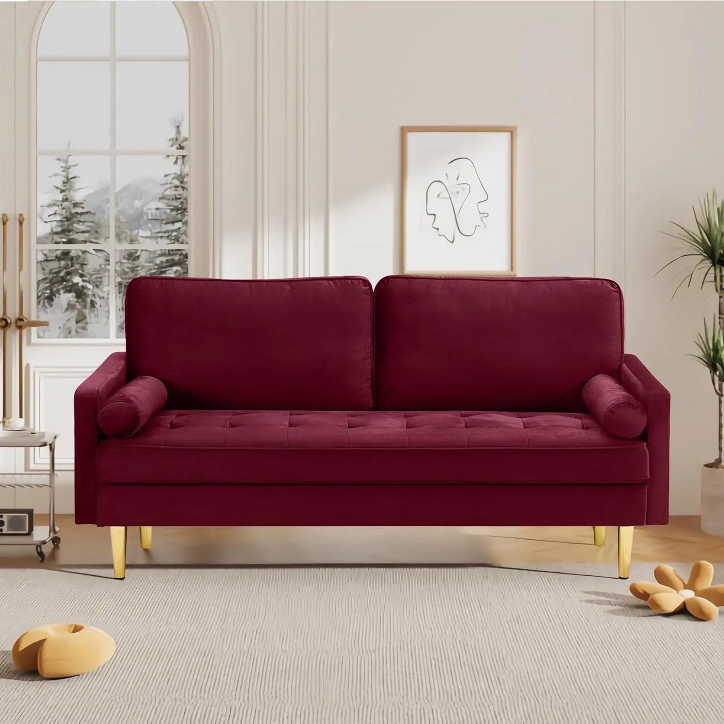 67" Modern Velvet Loveseat Sofa Couch, Mid-Century Tufted Upholstered Small Love Seat Couch with 2 Pillows & 4 Golden Legs (Multiple colors)