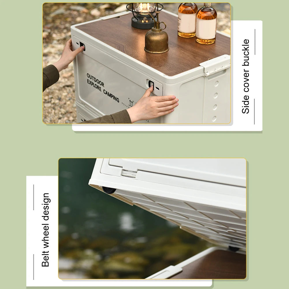 30L Folding Car Storage Case with Wooden Lid Portable Storage Container Stackable Side Open Store Picnic Supplie Snacks and More