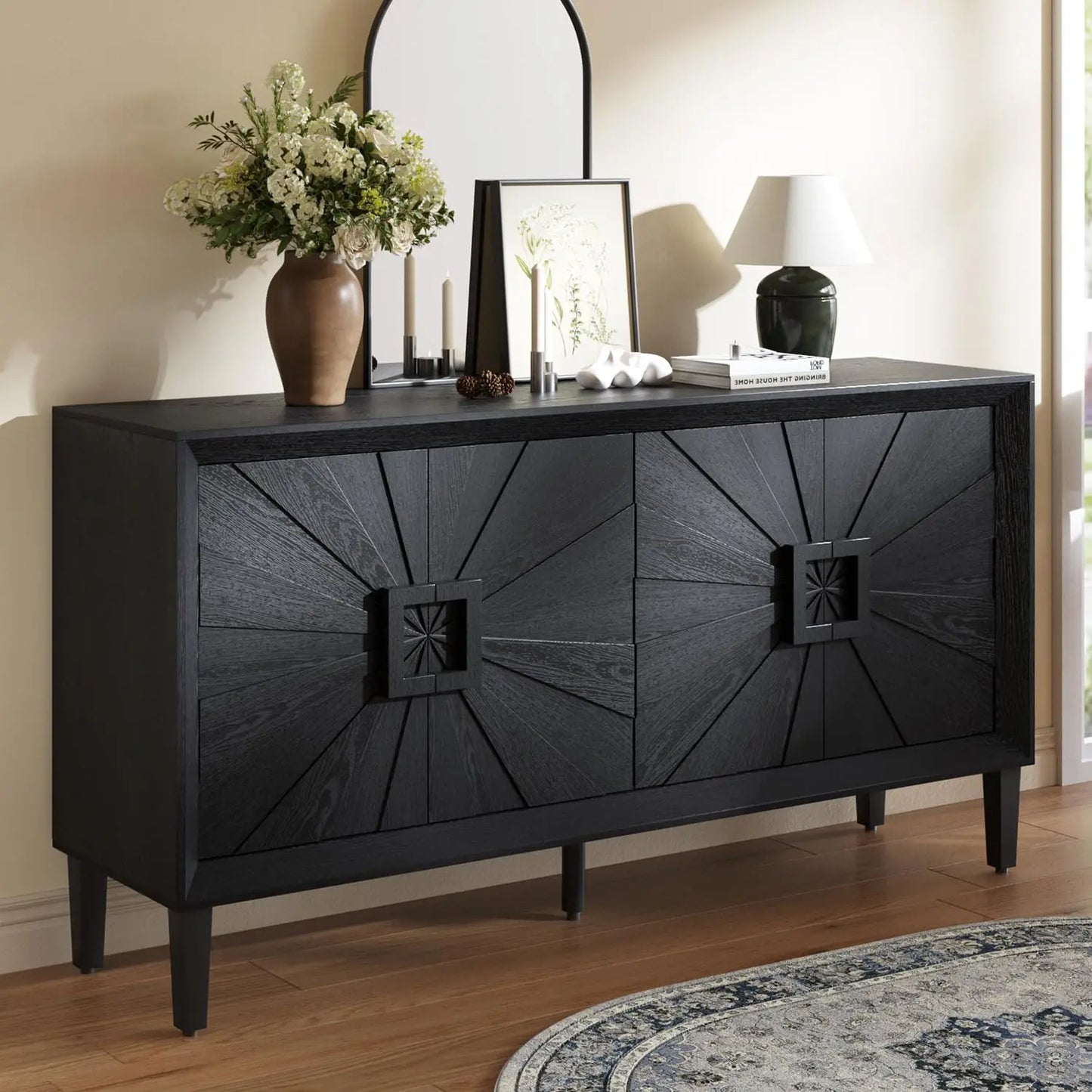 Sideboard Buffet Cabinet with Storage,60" Modern Decorative Accent Cabinet with Sunburst Pattern,Wood Credenza.