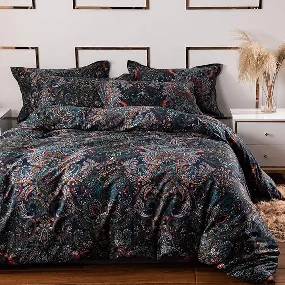 Rustic Paisley Pattern King Size Duvet Cover Set in Black with Floral Elements, Crafted from 100% Brushed Cotton for Comfort