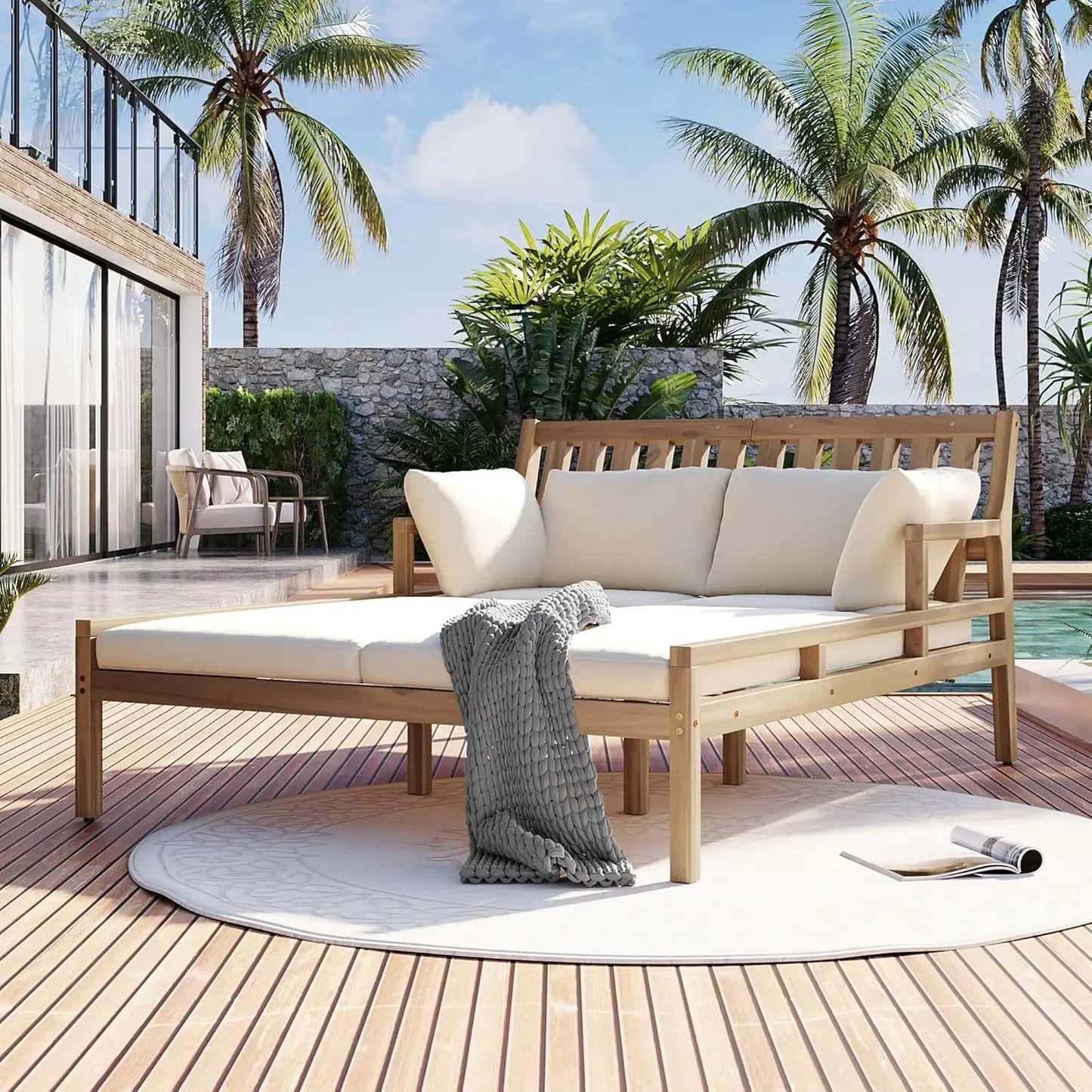 Outdoor Daybed Patio Daybed with Four Pillows Wooden Outdoor Bed with Curved Armrests for Poolside Backyard Garden