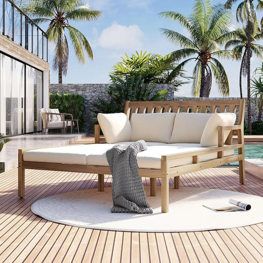 Outdoor Daybed Patio Daybed with Four Pillows Wooden Outdoor Bed with Curved Armrests for Poolside Backyard Garden