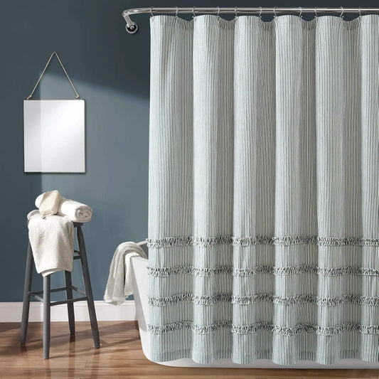 Vintage Stripe Yarn Dyed Cotton Shower Curtain, 72x72 Denim Blue, Farmhouse Bathroom Decor with Ruffles