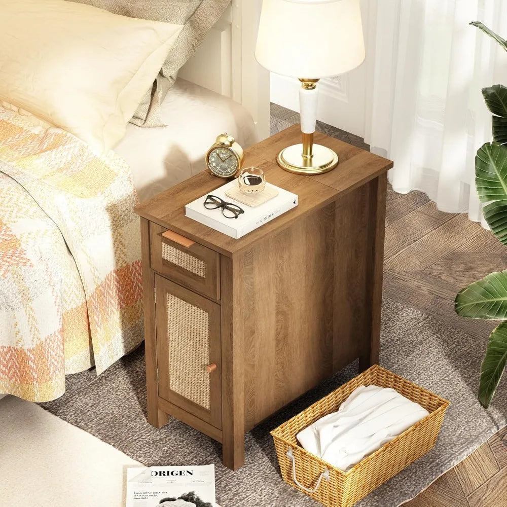 mid-century style rattan end table with usb charging and power outlets, slim nightstand for modern living