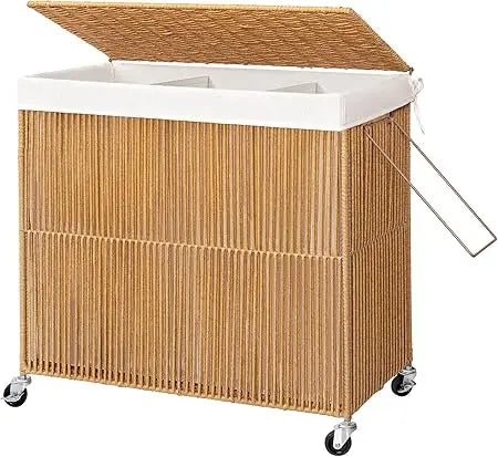 Rolling Laundry Basket with Lid, 160L Capacity, 3-Section Handwoven Hamper with Removable Line for Clothes, Wheeled Organizer
