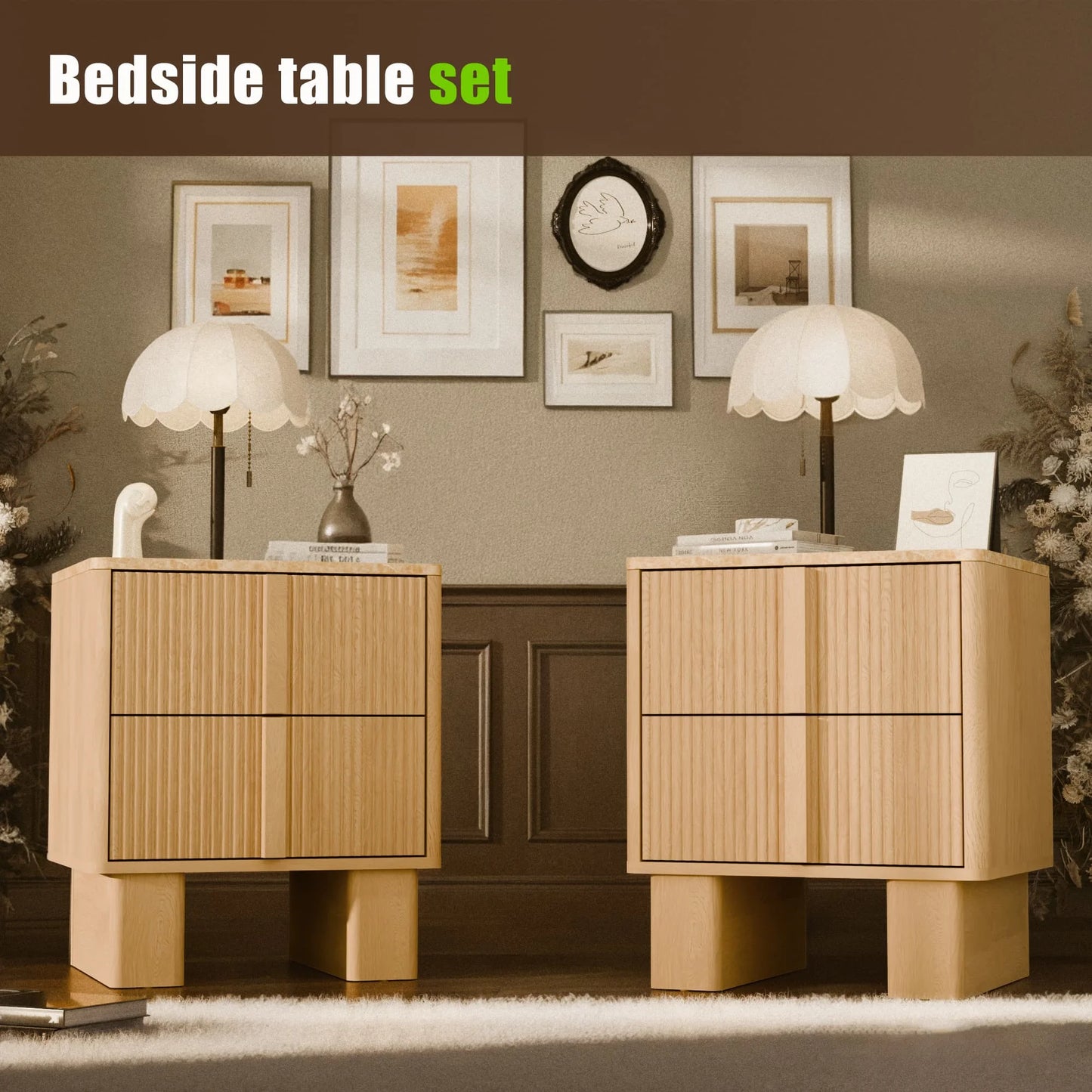 GEGOFORU Set of 2 Fluted Nightstands w/ Charging, 2-Drawer End Tables w/ Reinforced Legs, Whitewashed Oak for Bedroom