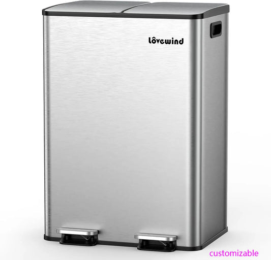 Kitchen Trash Can, 2 x 8 Gallon (2 x 30 L) Stainless Steel Trash and Recycle Bin Combo with Soft-Close Lid, Dual Compartment