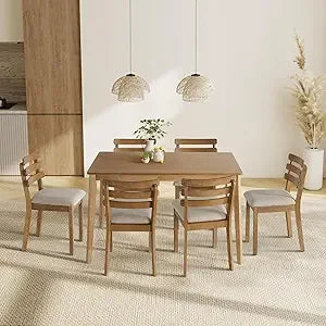 4-Piece Farmhouse Dining Set, Wooden Table with 2 Chairs, Bench Seat, Mid-Century Modern Wooden Table & Upholstered Chair Set