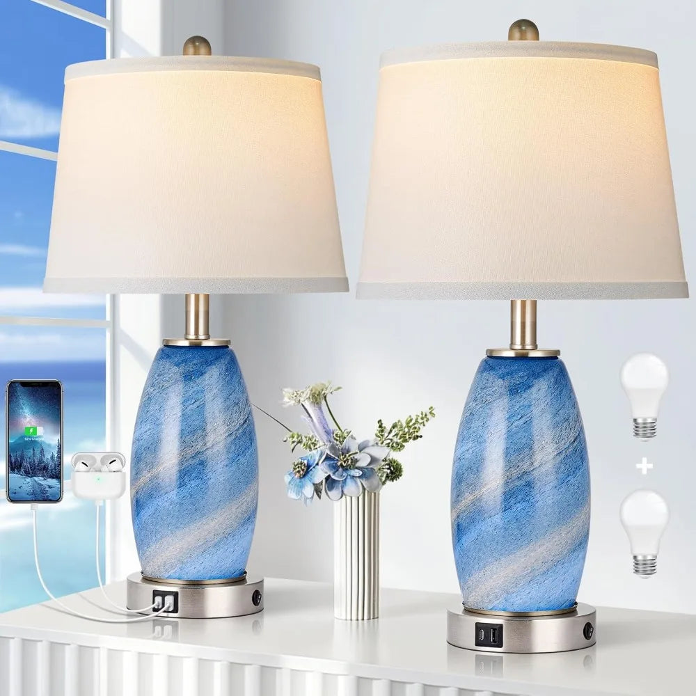 Customizable-Blue Lamps Set Of 2 For Bedroom & Bedside With 3-Way Lighting Modes & USB C+A - Modern Style Glass Nightstand Table
