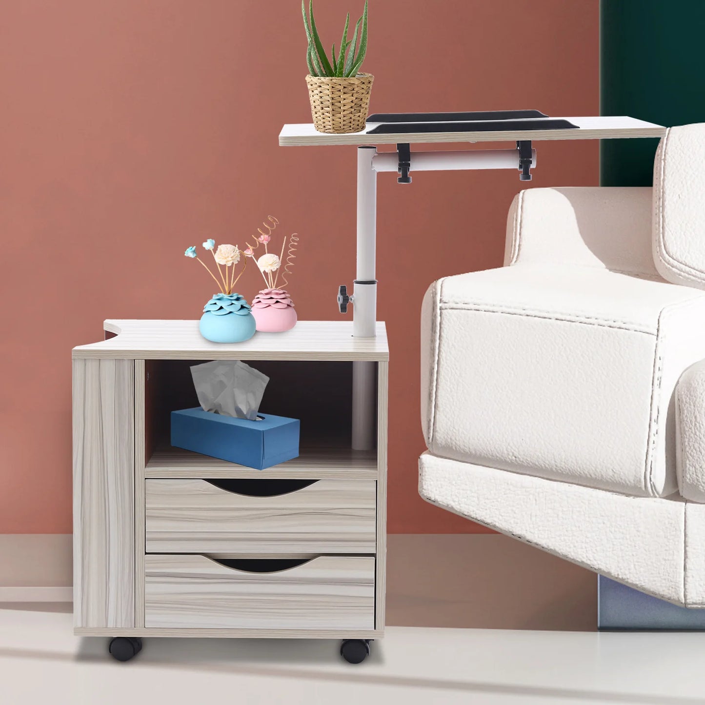 End Tables with Storage – Movable Lockable Nightstand with 2 Drawers and Wheels for Bedroom or Living Room