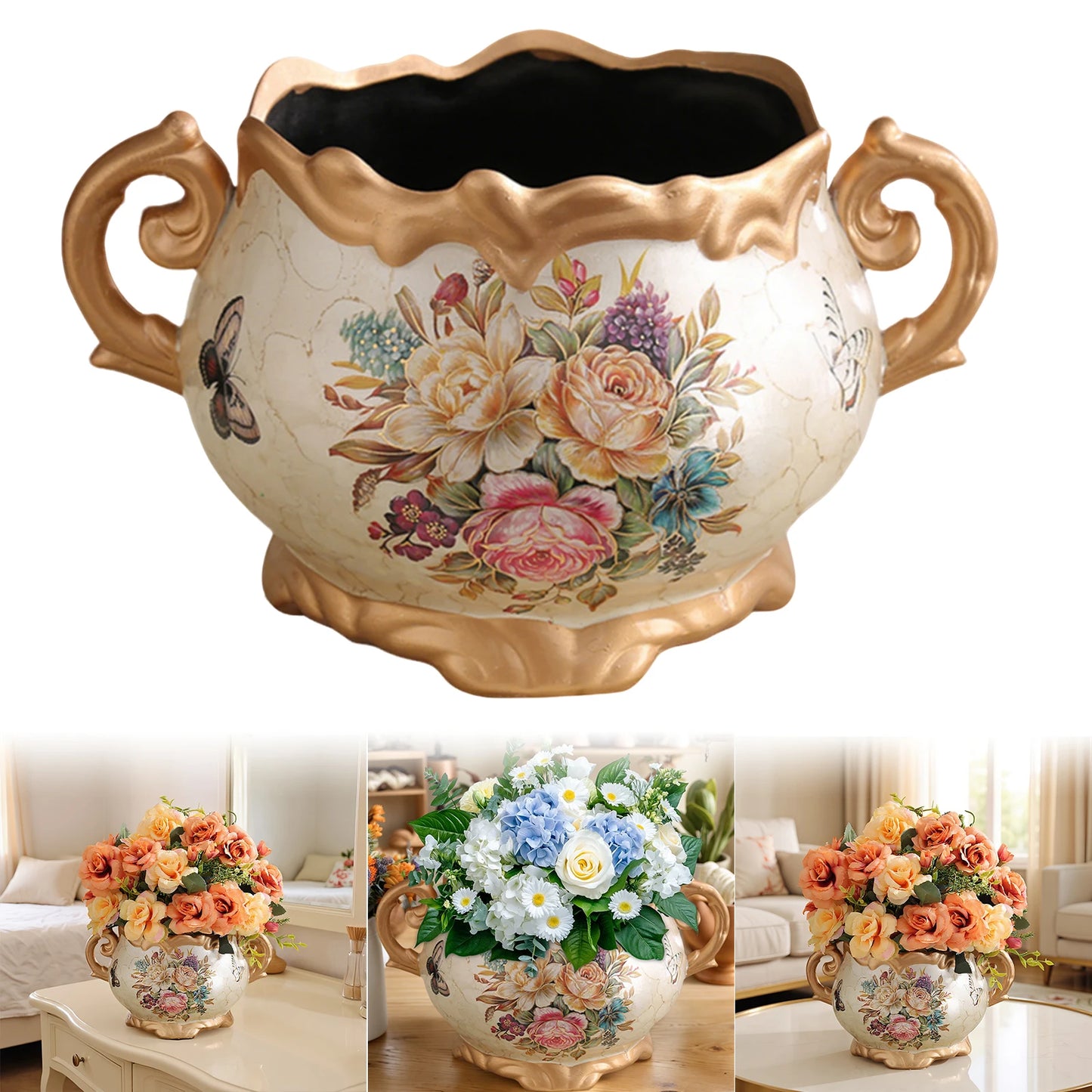 Europe Retro Ceramic Vase with Handle Desktop Flower Arrangement Vase for Home Living Room Dining Room Office Bookshelf