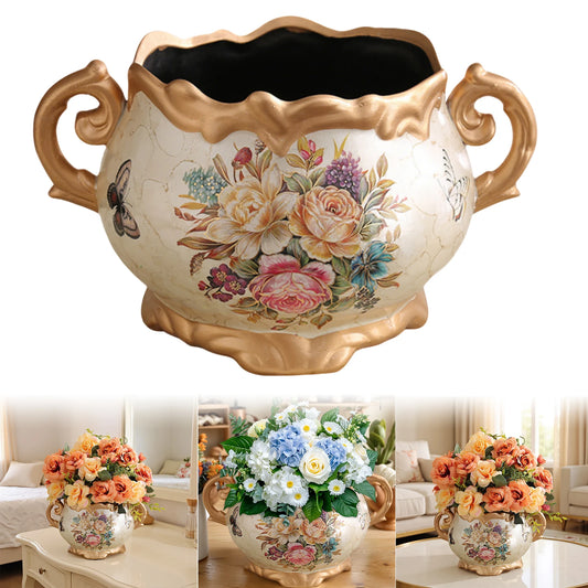 Europe Retro Ceramic Vase with Handle Desktop Flower Arrangement Vase for Home Living Room Dining Room Office Bookshelf