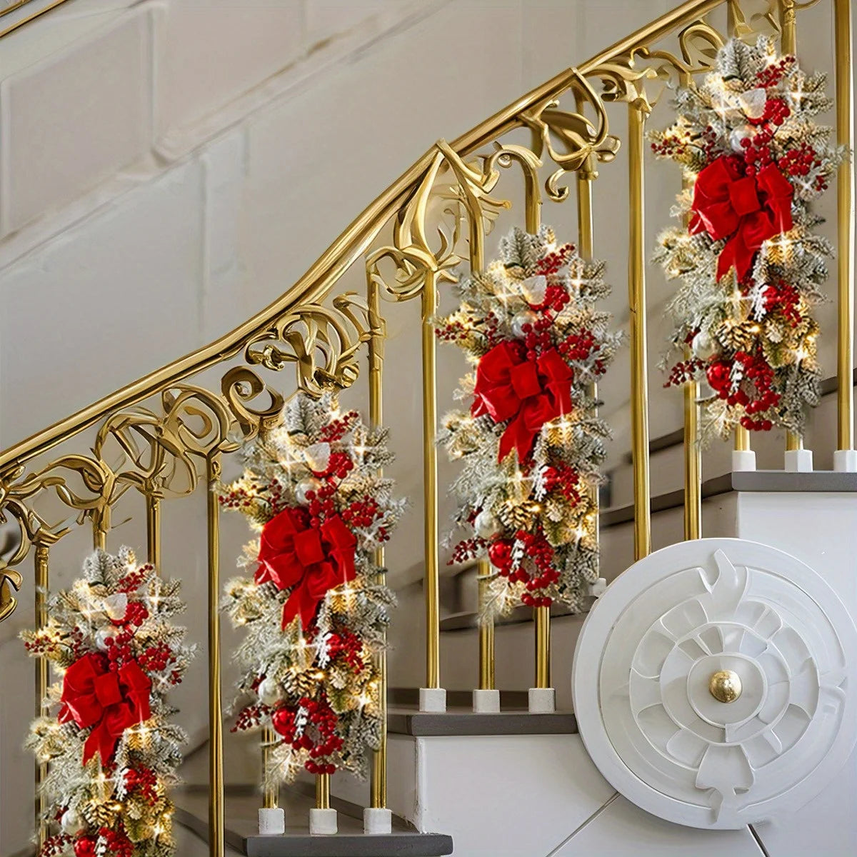 6Pcs Pre-Lit Stairway Christmas Swags Christmas Staircase Decorations Artificial Stairs Christmas Garland with Lights