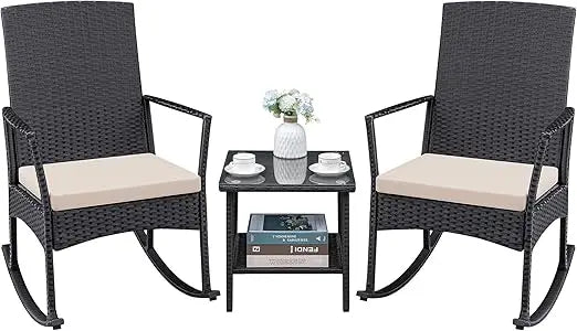 3 Pieces Patio Furniture Set Outdoor Wicker Rocking Chairs with Glass Coffee Table for Garden Backyard Porch Poolside, Beige, Red and Blue
