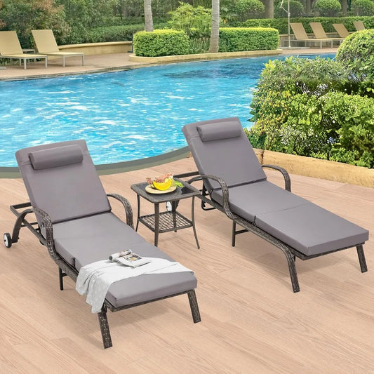Wicker Chaise Lounge Set of 2, Pool Lounge Chair with Side Table, Outdoor Reclining Lounger Chair with Wheels 5-Level Adjustable (Multiple colors)