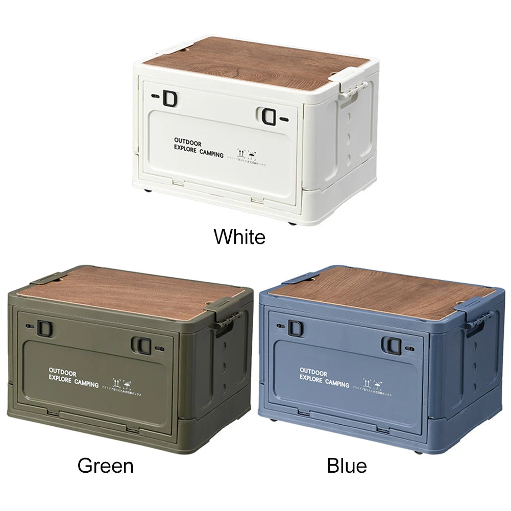 30L Folding Car Storage Case with Wooden Lid Portable Storage Container Stackable Side Open Store Picnic Supplie Snacks and More