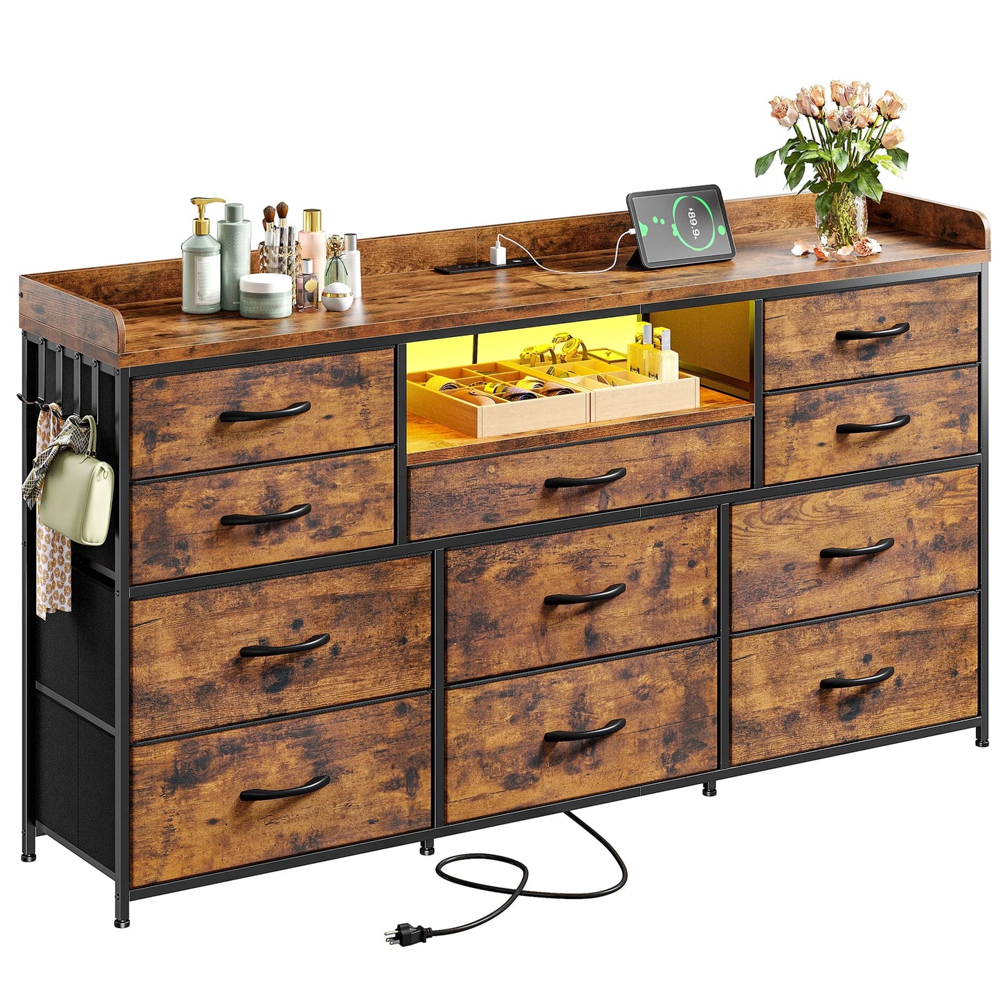 11-Drawer Dresser and TV Stand with LED Lights, Power Outlets, Shelves & Hooks for Dorm or Hallway Use, fit 60 inchs TV