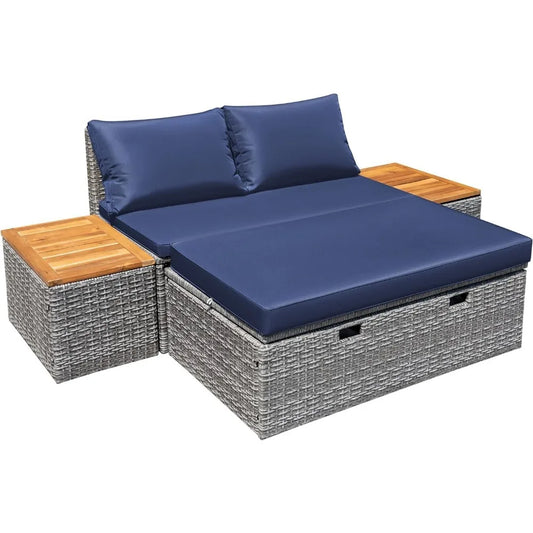 Patio Day Bed Outdoor Daybed Set Multifunctional Rattan Lounge Bed with 2 Side Tables for Backyard Porch Poolside Lawn