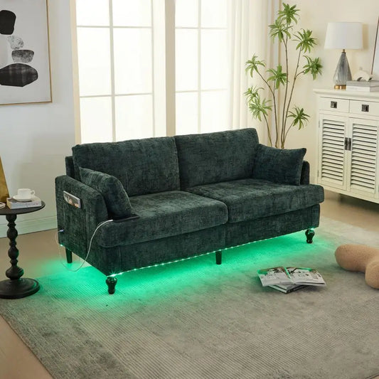 68.9 Loveseat Sofa, Mid Century Modern Love Seat Couches, Chenille 2Seater with LED Lighting, USB Charging Port