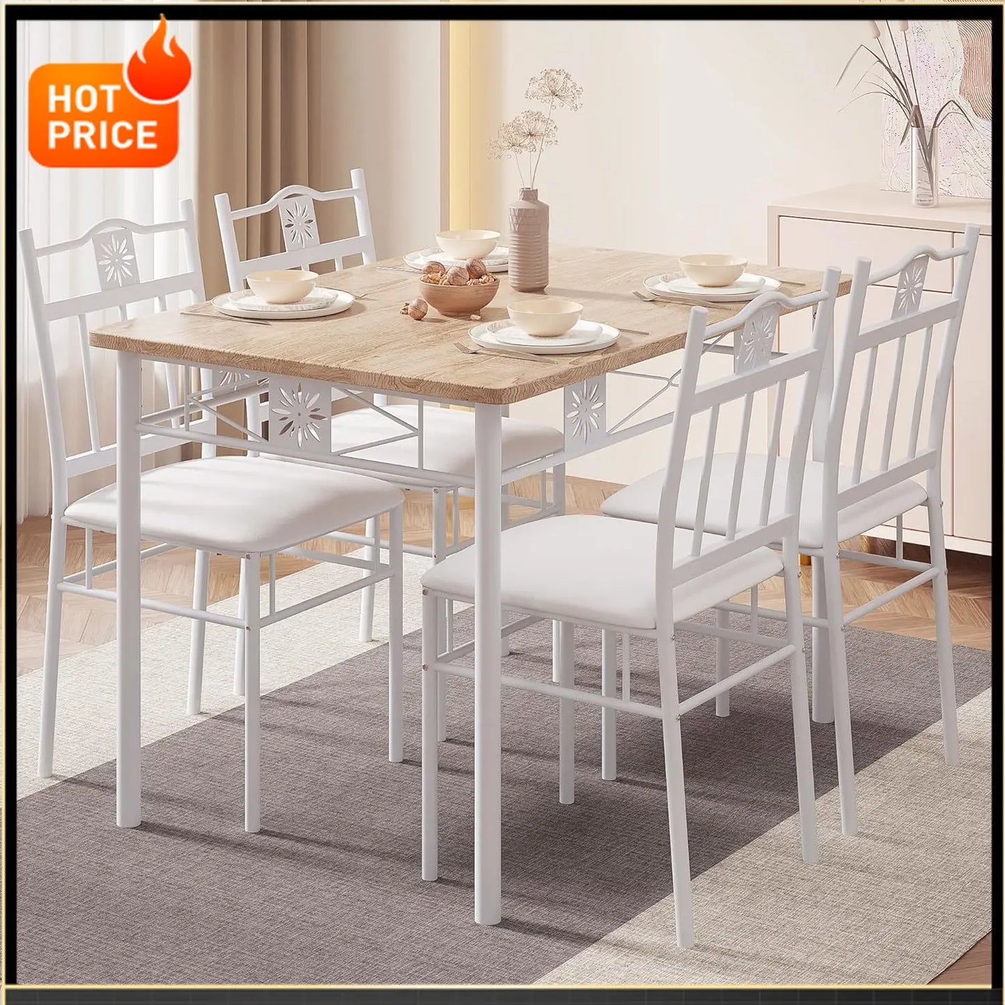 BestsellerBestseller5 Piece Dining Table Set for 4 with Chairs, Wood Table-top & PU Padded Seat for Small Space Kitchen