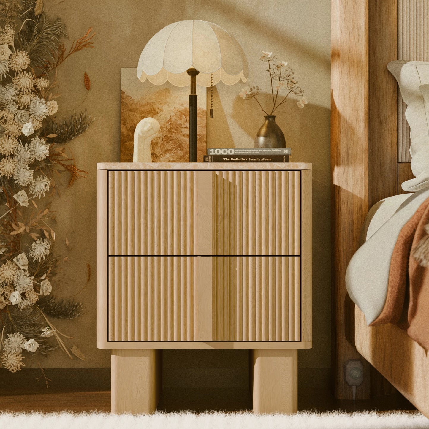 GEGOFORU Set of 2 Fluted Nightstands w/ Charging, 2-Drawer End Tables w/ Reinforced Legs, Whitewashed Oak for Bedroom