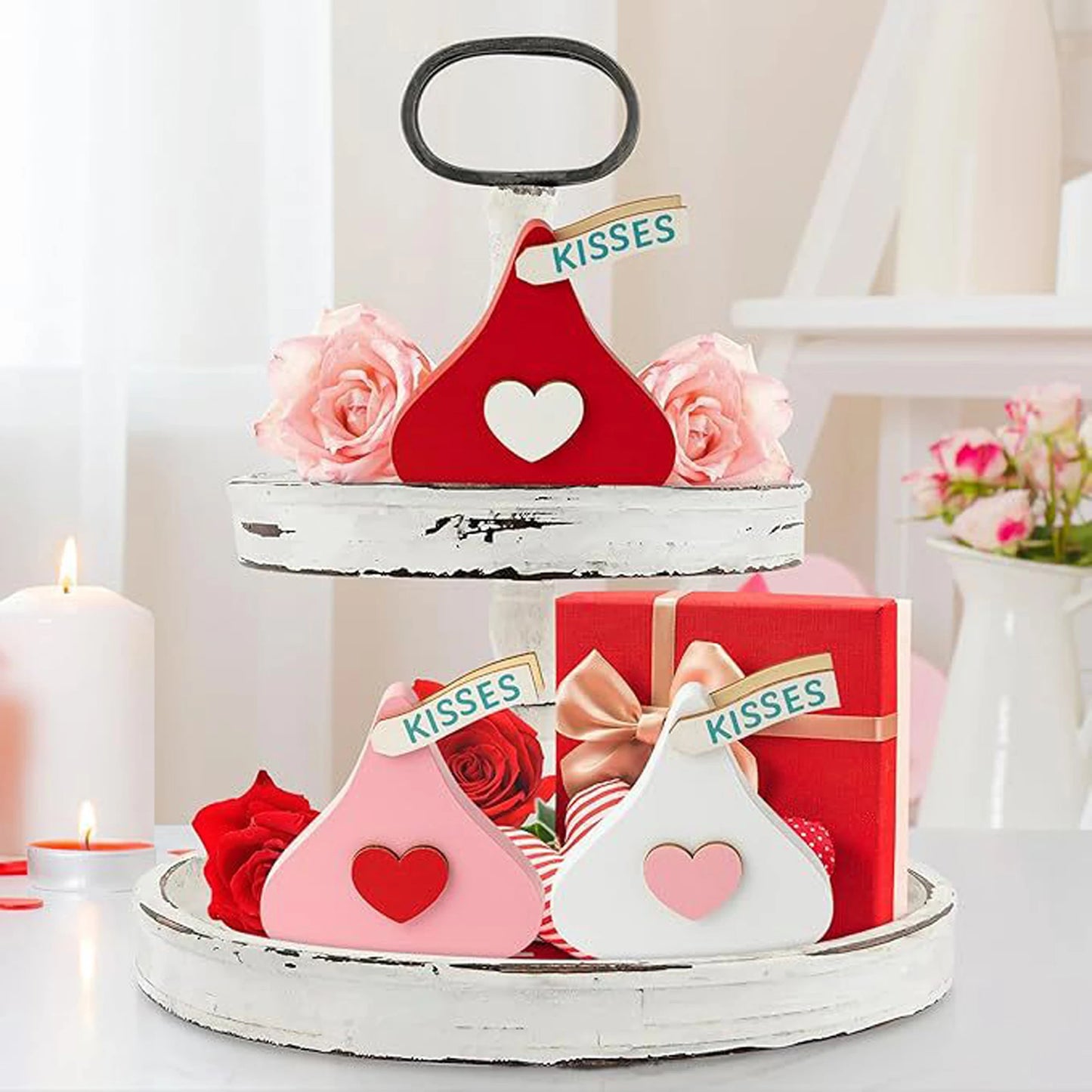 Romantic Valentine s Day Tiered Tray Decor Set with Double-Sided Signs and Candy Centerpieces for Wedding Party Tabletop