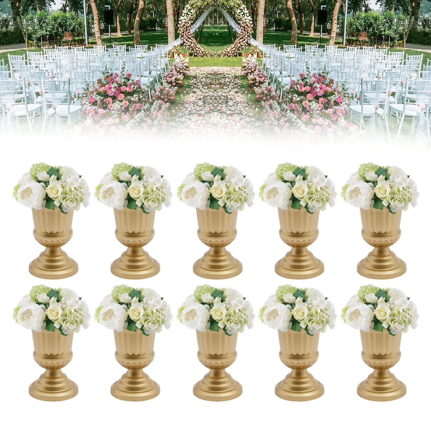 10Pcs 4.9"/6.69"/ 9.1" Bright Golden Flower Vases Metal Small Pedestal Trumpet Vase for Wedding Table Centerpieces Party Decor