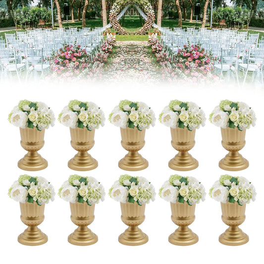 10Pcs 4.9"/6.69"/ 9.1" Bright Golden Flower Vases Metal Small Pedestal Trumpet Vase for Wedding Table Centerpieces Party Decor