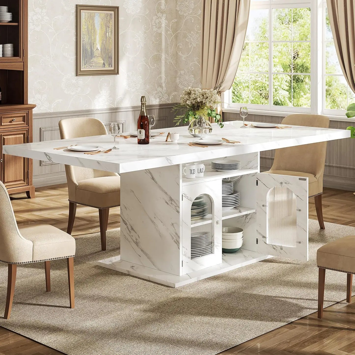 63" Rectangle Dining Table Seats 4-6 Faux Marble Top Storage Shelves Cabinet Kitchen Home Apartment White, Customized (Multiple colors)