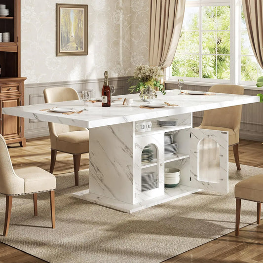 63" Rectangle Dining Table Seats 4-6 Faux Marble Top Storage Shelves Cabinet Kitchen Home Apartment White, Customized (Multiple colors)