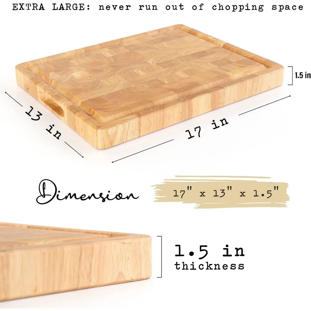 Block End Grain Cutting Board - 17x13x1.5in Reversible Multipurpose Chopping Board with Juice Groove, Cracker Holder
