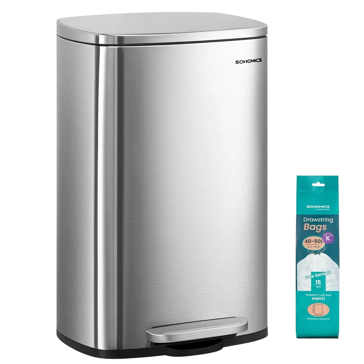 13 Gallon (50 L) Trash Can, Stainless Steel Kitchen Garbage Can, Recycling or Waste Bin, Soft Close, Step-On Pedal (Multiple colors)