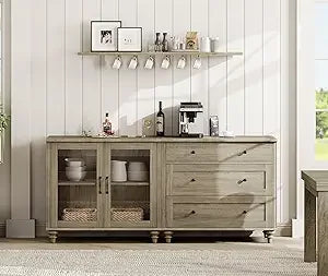 WAMAPT Sideboard Cabinet with Bar Hutch, Moderan Farmhouse Buffet Cabinet with 2 Glass Doors and 3 Drawers,Light Oak