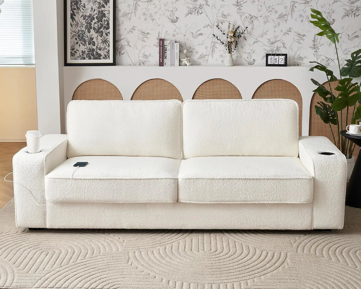 89in Comfy Couch with Cup Holders & USB Charging Ports, Offwhite Bouclé Couch- Deep Seat Sofa Couch for Living Room