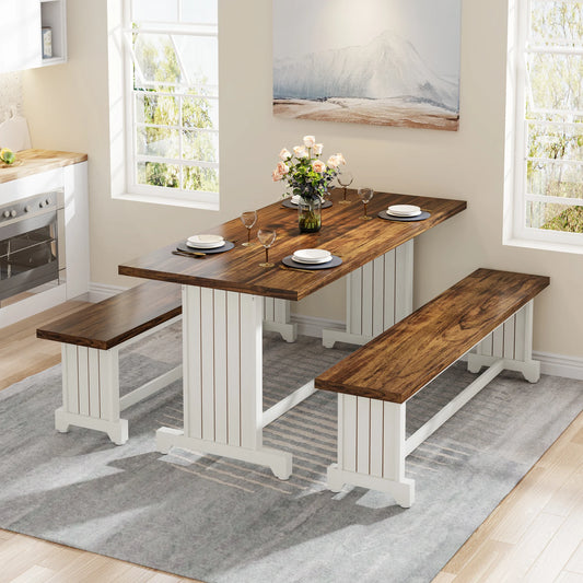 Tribesigns 47" Small Dining Table Set for 2, 3-Piece Kitchen Table with 2 Benches, Farmhouse Wood Dinner Furniture