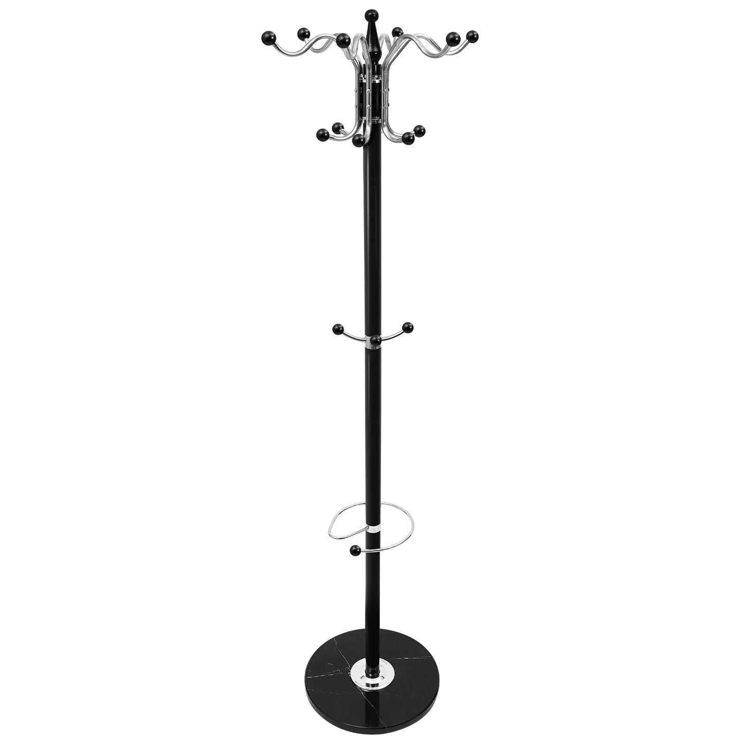 4 Tier Freestanding Clothes Rack with 16 Hooks Metal Coat Rack with Marble Base Height 170cm Coat Stand For Home Office Entrance