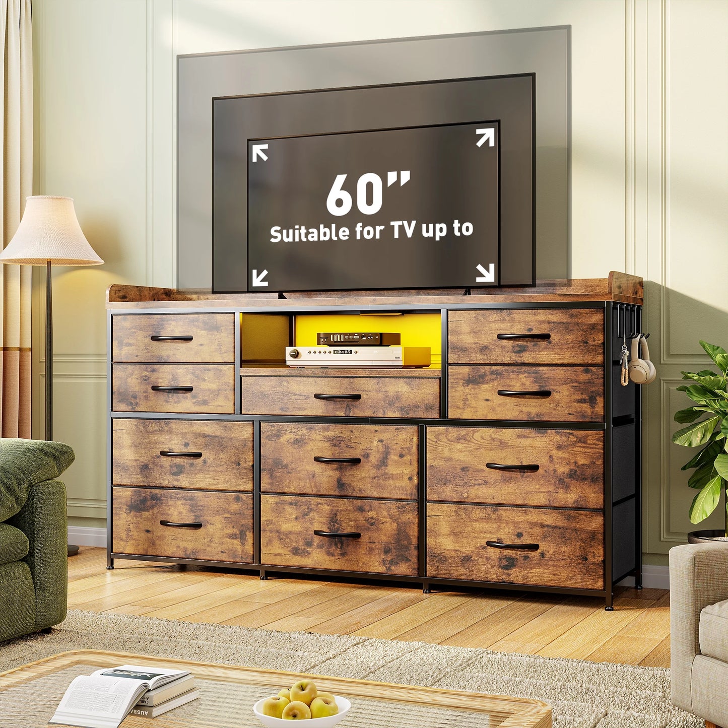 11-Drawer Dresser and TV Stand with LED Lights, Power Outlets, Shelves & Hooks for Dorm or Hallway Use, fit 60 inchs TV