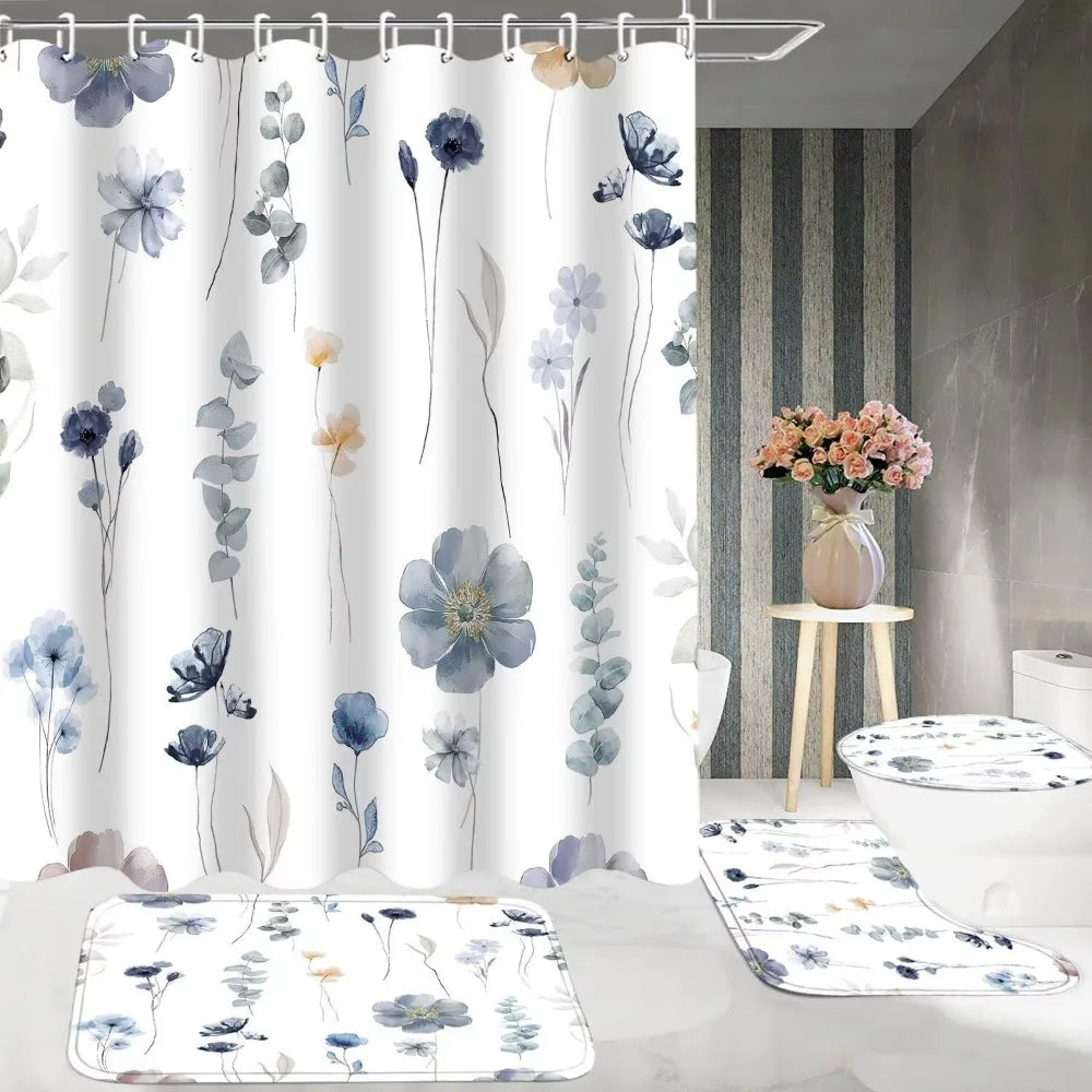 4pcs watercolor flower shower curtain set with non-slip rugs, toilet lid cover and bath mat, modern minimalist floral shower curtain
