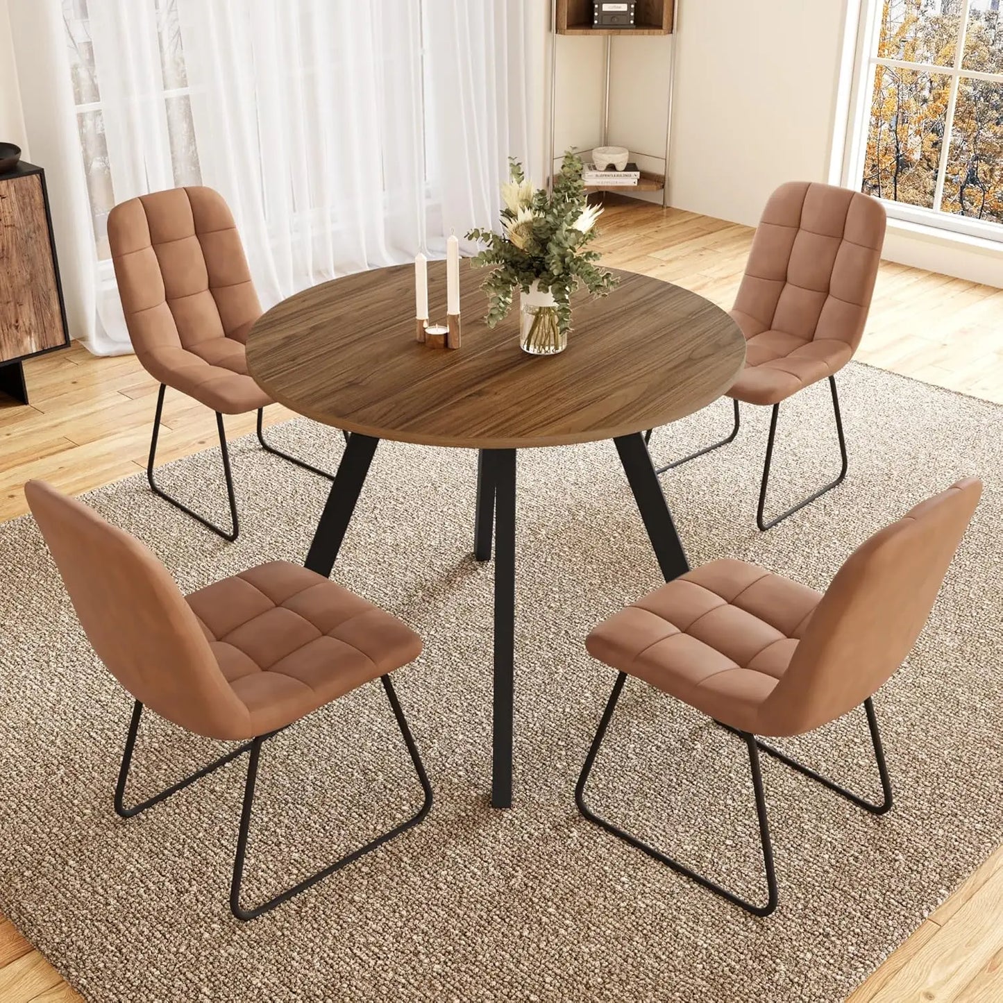 34.6'' Round Dining Table and Chairs for 4, Mid Century Modern Round Table Set, Space Saving for Apartment Kitchen Dining Room