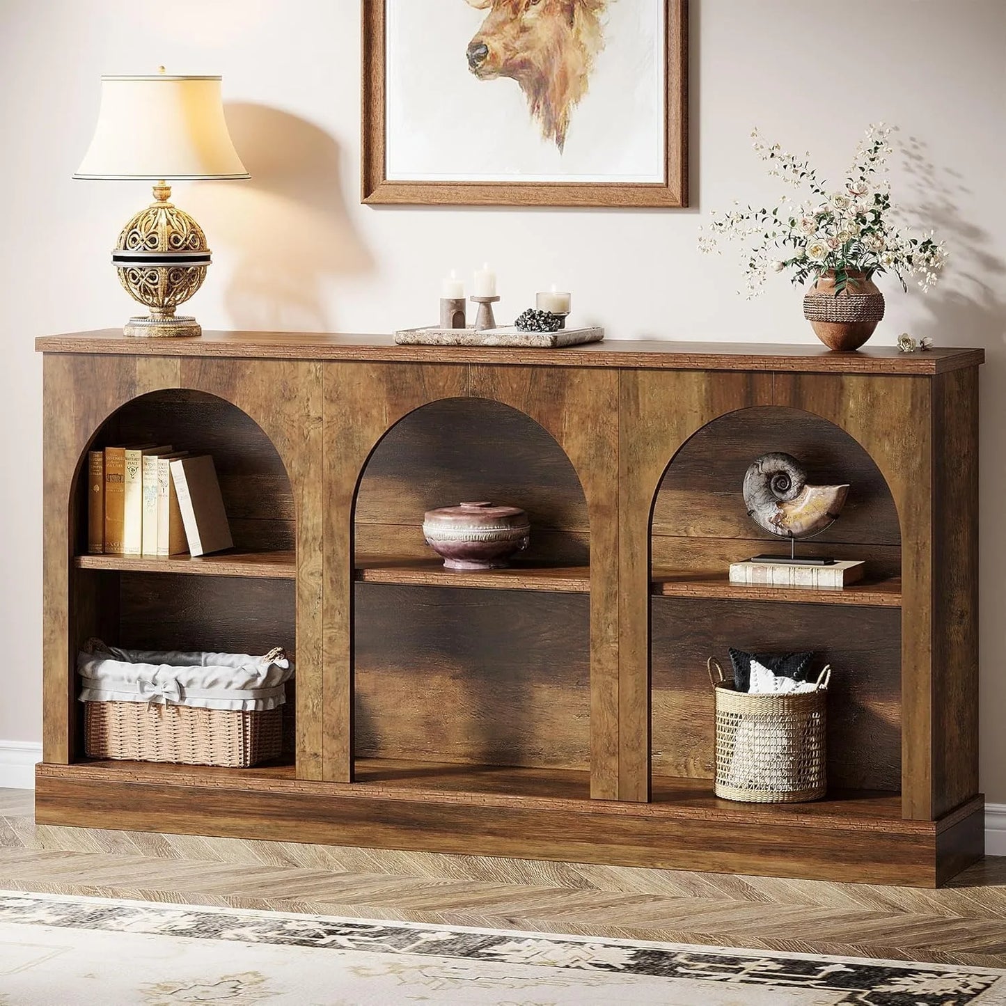 LITTLE TREE Farmhouse Console Table 63Inch, 3 Tier Storage Wooden Rectangular Sofa Table for Entryway Hallway Living Room.