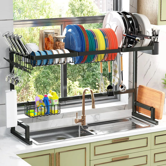 Over The Sink (24"- 32.5" L) Dish Drying Rack (Expandable Dimension) Snap-On Design 2 Tier Kitchen Large Dish Drainer Counter
