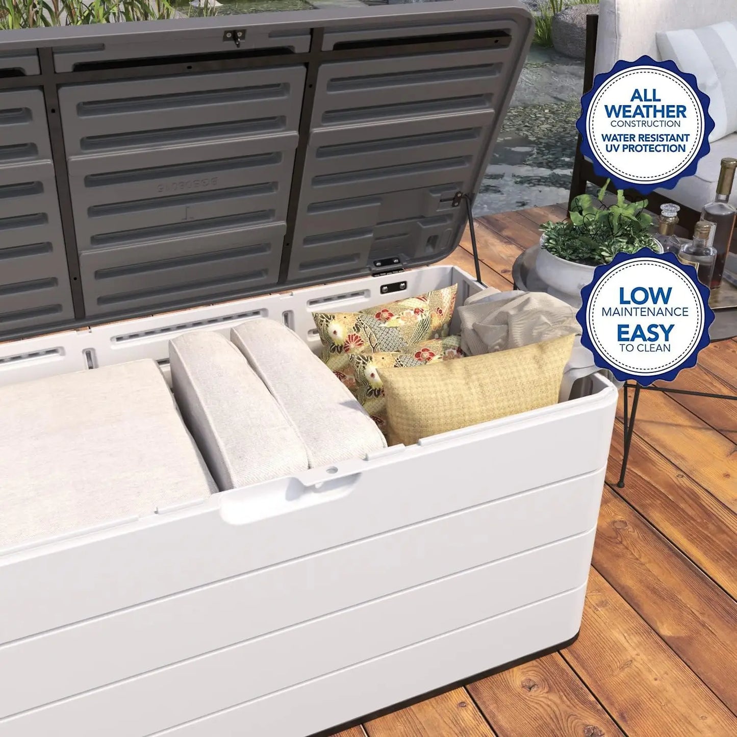 Large Resin Deck Box Lockable Outdoor Garden Storage Box Waterproof Elegant Storage Bench for Cushions Garden Tools