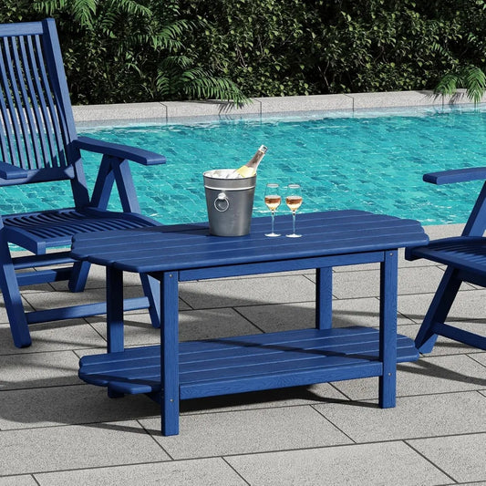 Blue Outdoor Patio Coffee Table - Adirondack Deck Furniture - HDPE Pool Side Table - 17.7 x 39.4 Inches