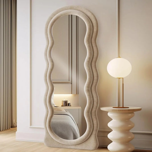 Full Length Mirror 63"x24" Arched Wavy Full Body Wall Mounted Floor Mirror with Stand Milk Tea Flannel Frame Leaning Hanging