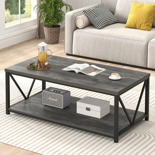 Coffee Table,Rustic Wood and Metal Living Room Table,Industrial Rectangle Center Table with Storage Shelf,47 Inch Coffee Tables (Multiple colors)