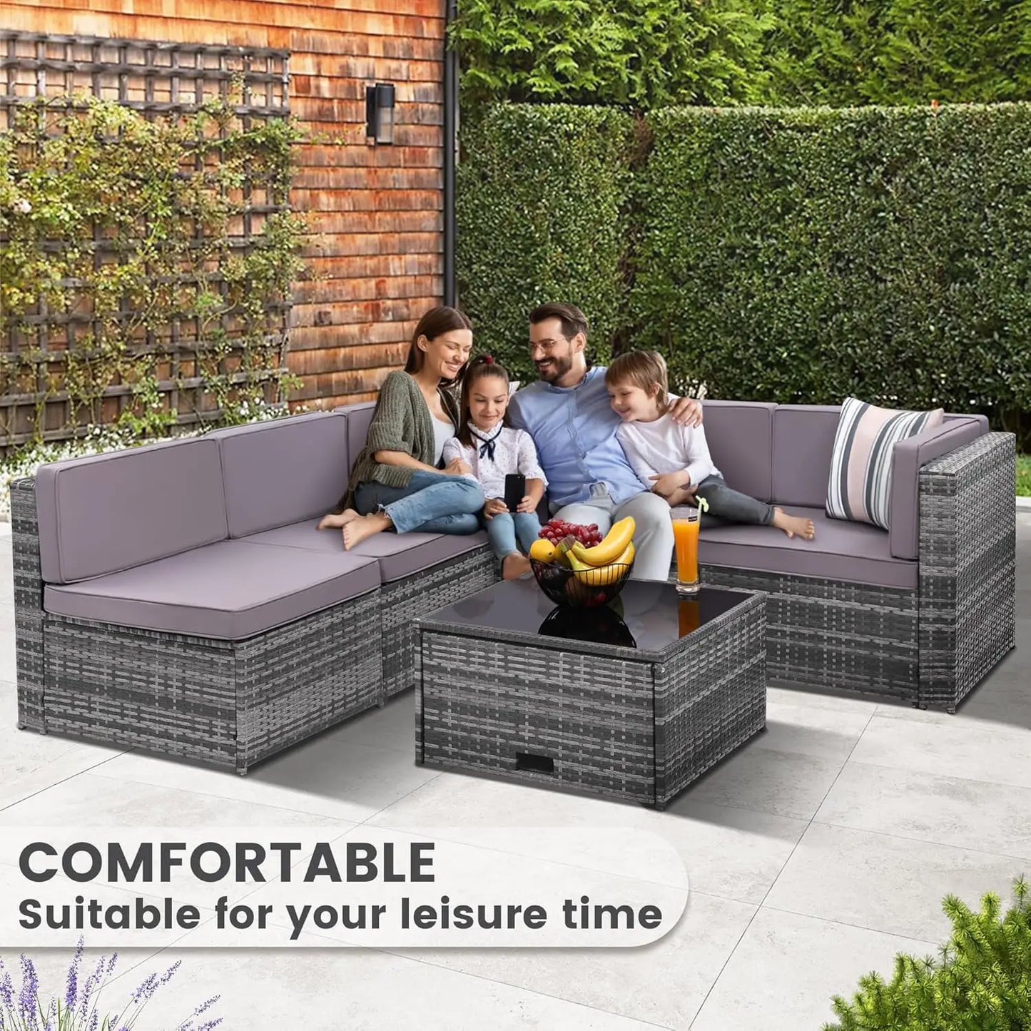 8 Piece Outdoor Wicker Patio Furniture Sectional Set, Glass Top Table with Hidden Storage, Grey Rattan with Light Grey Cushions