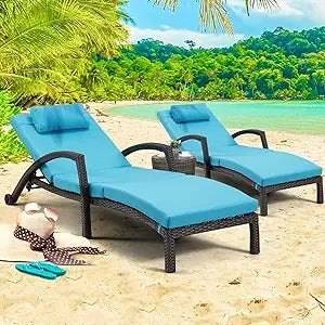 Wicker Chaise Lounge Set of 2, Pool Lounge Chair with Side Table, Outdoor Reclining Lounger Chair with Wheels 5-Level Adjustable (Multiple colors)